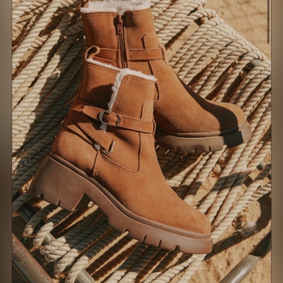 Steve Madden Colletta lug-sole buckle booties camel suede faux-fur lining Fall - Picture 6 of 15